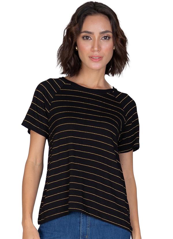 Blusa Feminina Manga Curta Estampa Lurex Listras Preto