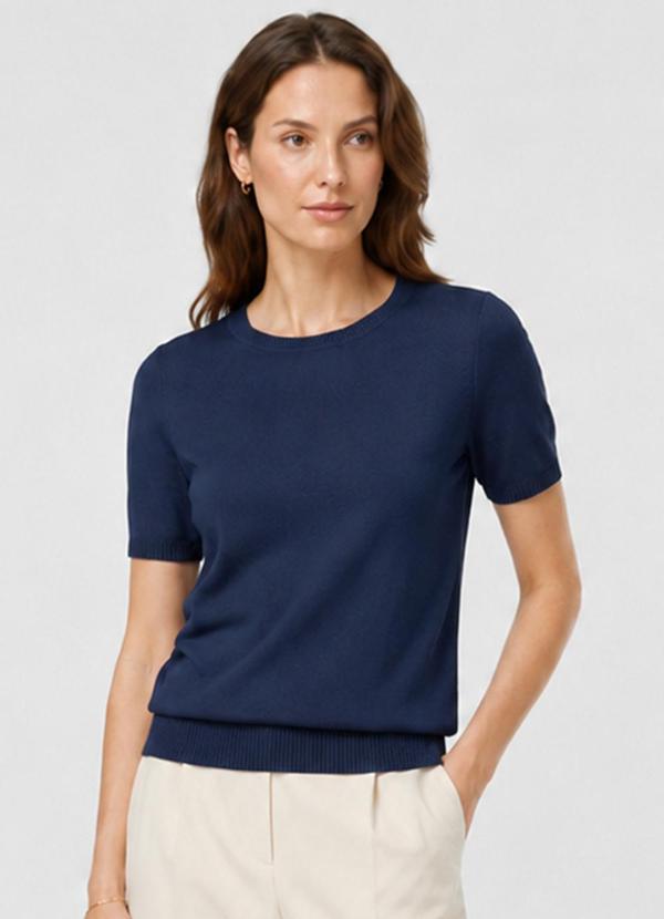 Blusa Feminina Manga Curta Lisa em Tricot Azul