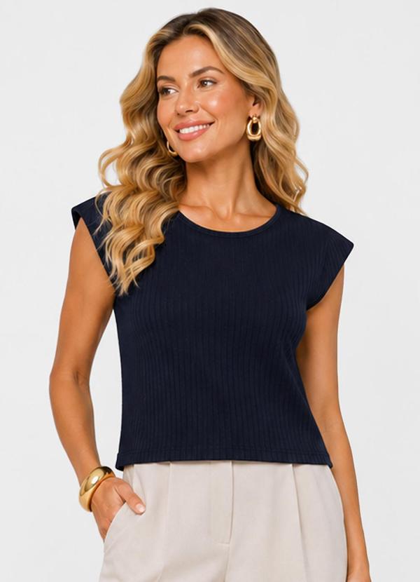 Blusa Feminina Manga Curta Ribana Canelada Azul