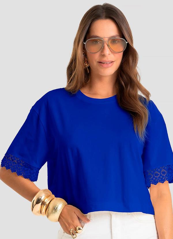 Blusa Feminina Meia Malha Renda na Manga Azul