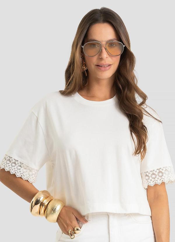 Blusa Feminina Meia Malha Renda na Manga Bege