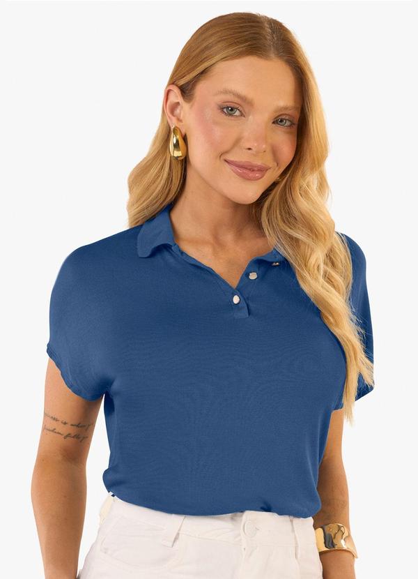 Blusa Feminina Visco Tricot Gola Polo Azul