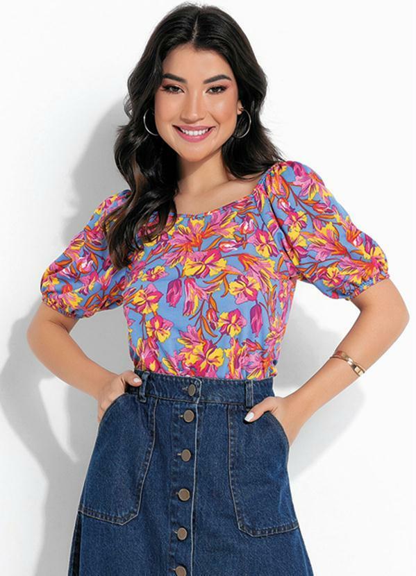 Blusa Floral Azul com Decote V