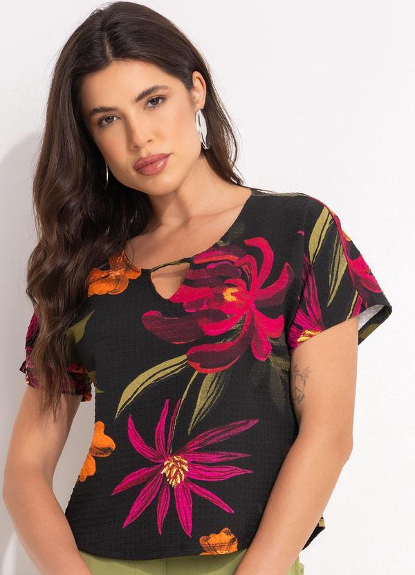 Blusa Floral Preto em Malha de Viscose