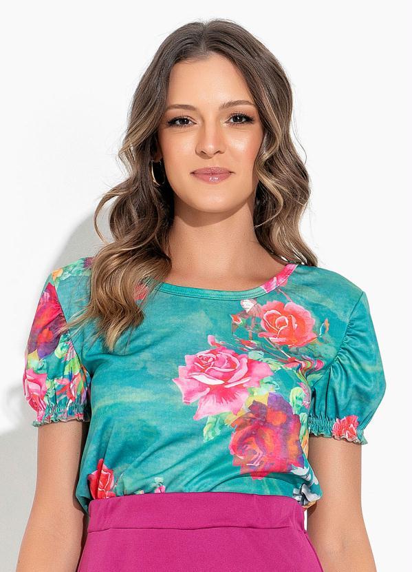 Blusa Floral Verde com Franzido