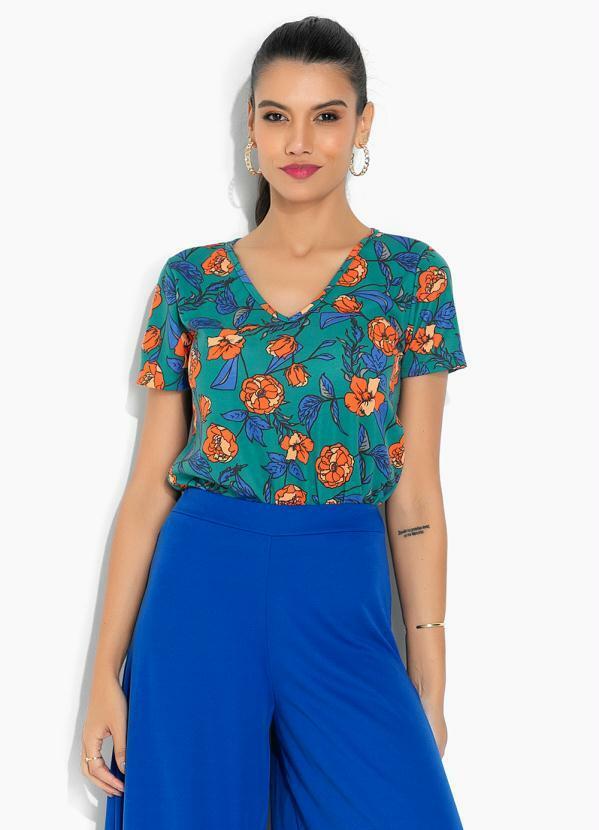 Vista 2 Blusa Floral Verde com Mangas Curtas Moda Pop Moda Pop