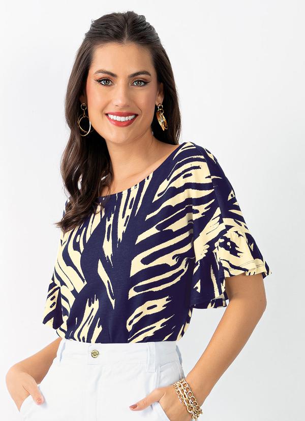 Blusa Folhagem Marinho com Babados nas Mangas