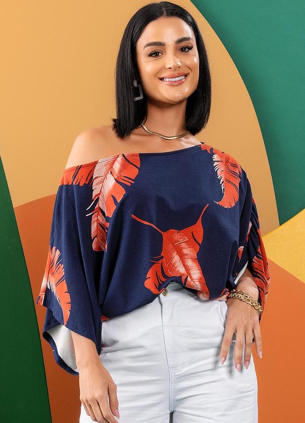 Blusa Folhagem Marinho em Malha de Viscose