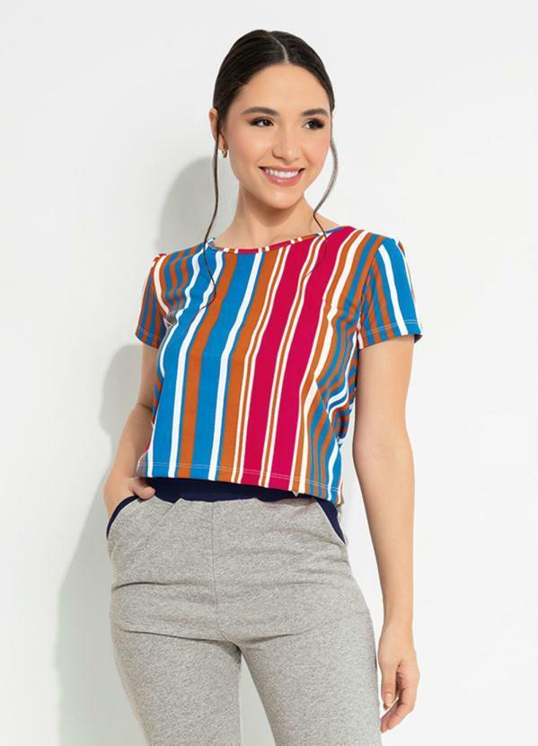Blusa Listrada Azul com Mangas Curtas