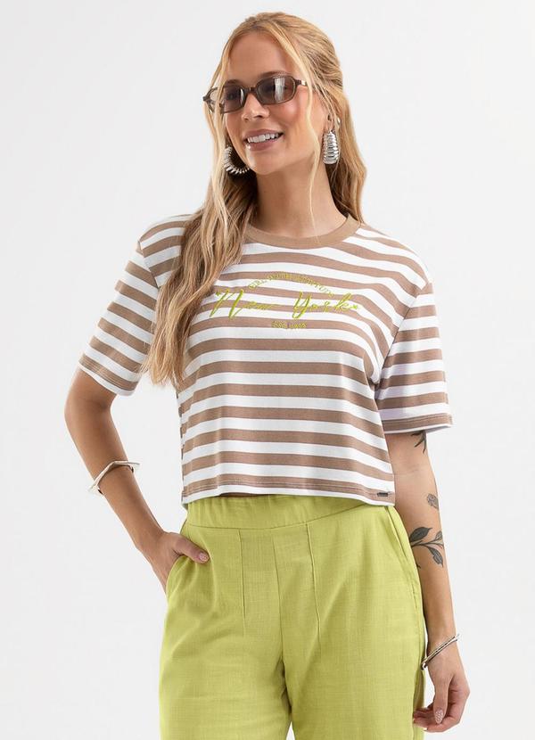 Blusa Listrada com Bordado em Algodão Marrom