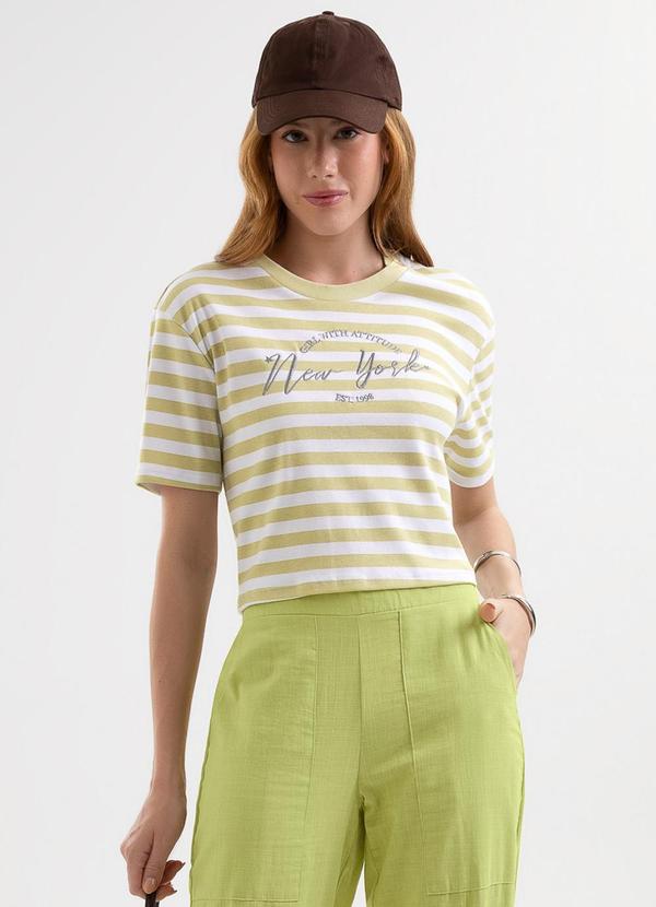 Blusa Listrada com Bordado em Algodão Verde