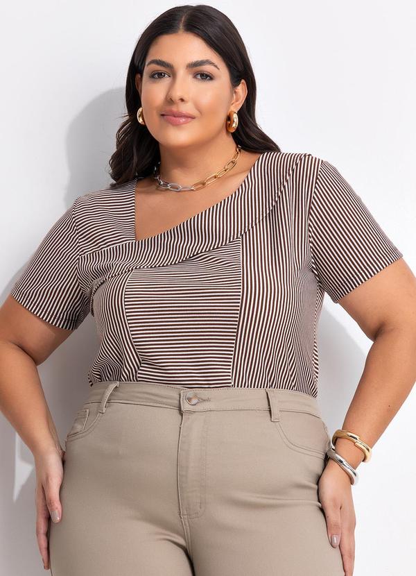 Blusa Listrada Marrom em Malha Listrada.