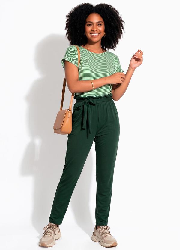 Blusa Listrada Verde Mangas com Punho Dobrado