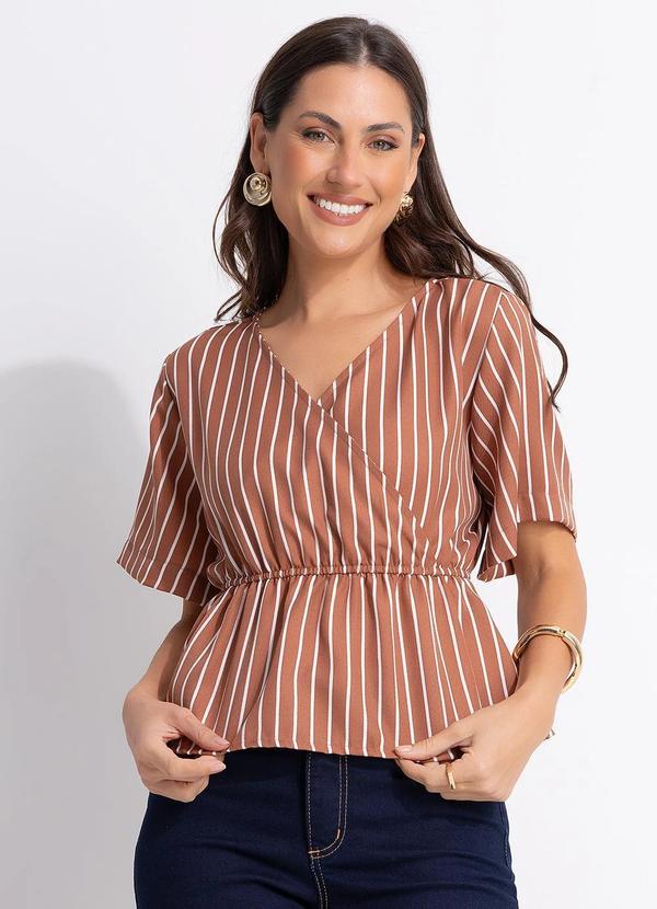 Blusa Listrado Marrom em Poliéster