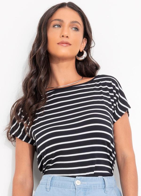 Blusa Listrado Preto em Meia Malha Listrada