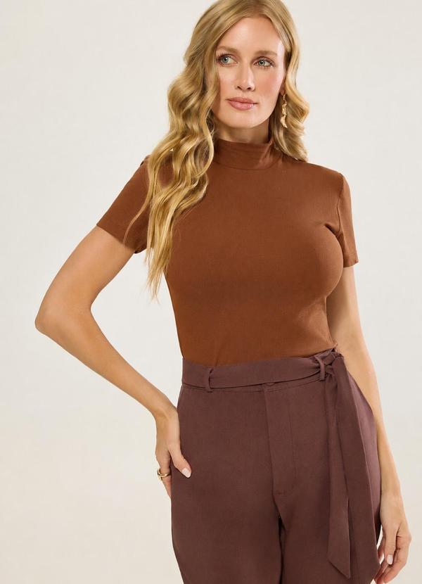 Blusa Manga Curta Canelado Poliamida Chestnut