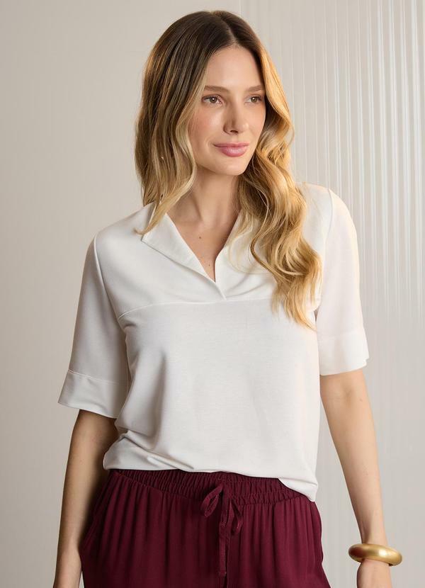 Blusa Manga Curta com Gola em Malha Off White