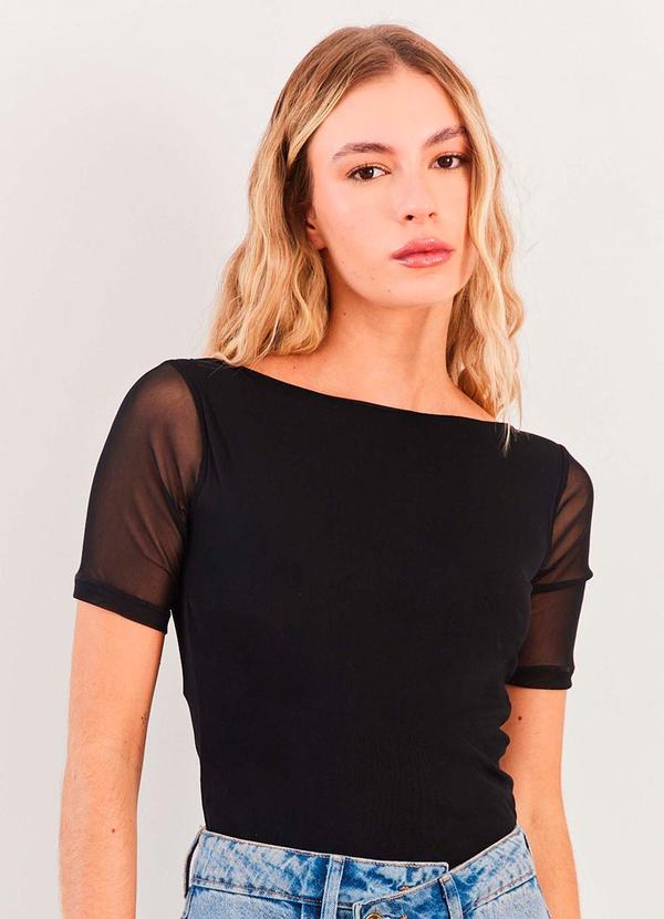 Blusa Manga Curta em Tule Spring Flow Preto