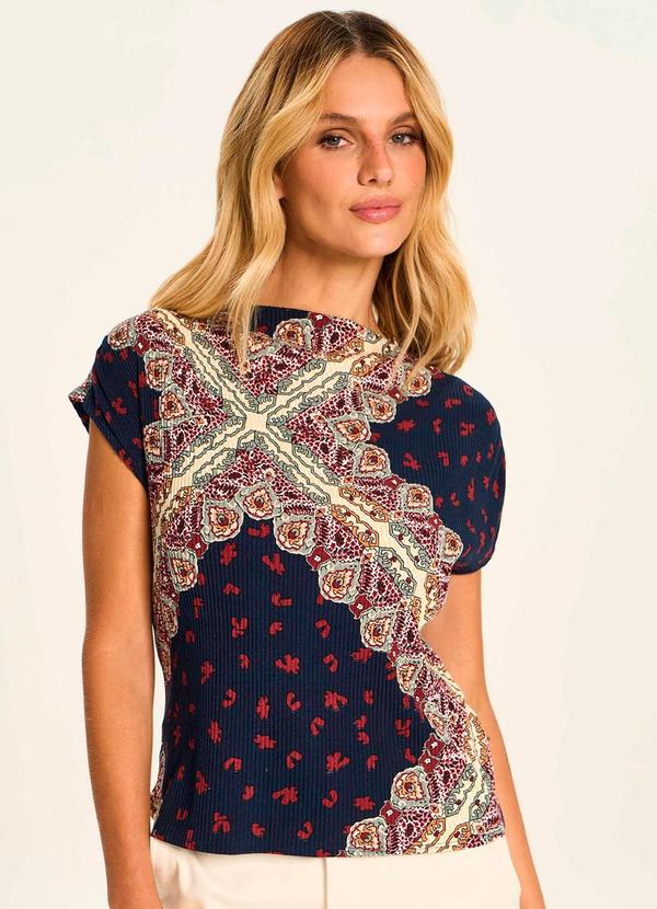Blusa Manga Curta Estampada Mosaico Azul