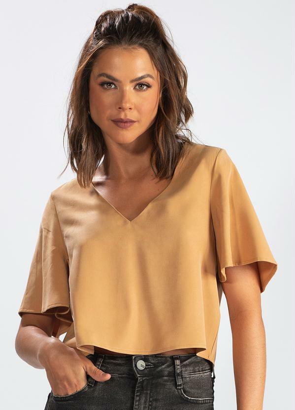 Blusa Mangas Curtas de Viscose Sarjada Bege