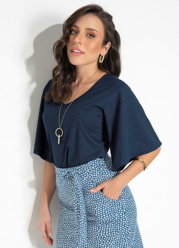 Vista 2 Blusa Marinho com Decote em V e Manga Ampla Moda Pop Moda Pop
