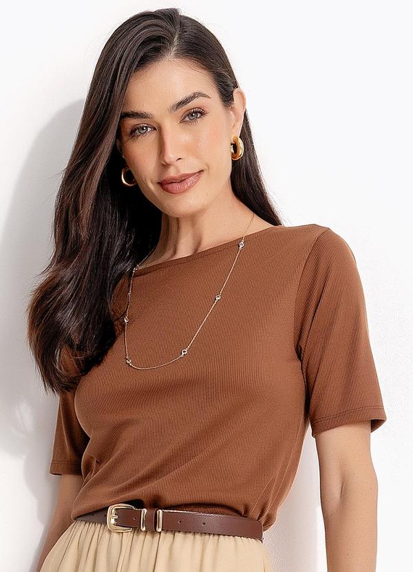 Blusa Marrom Amendoado em Malha Canelada