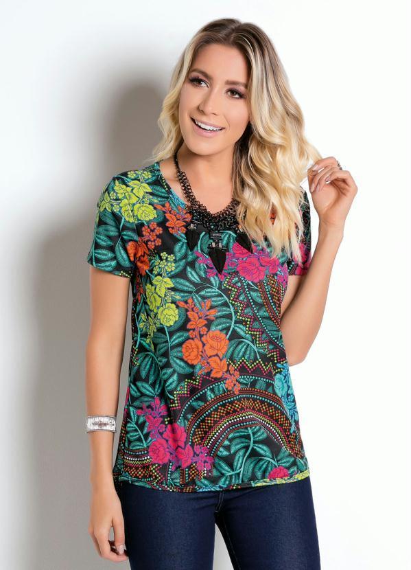 Blusa Mullet com Manga Curta Étnico e Tropical