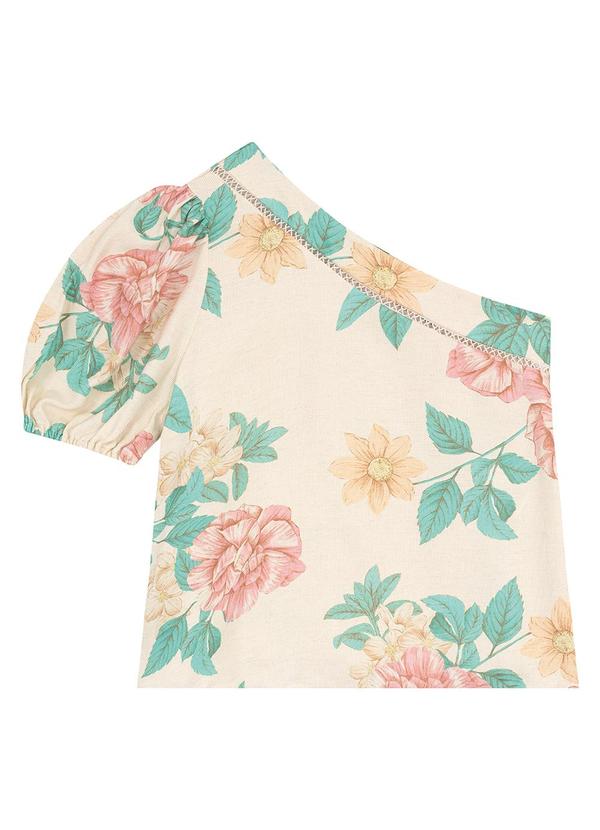 Blusa Off White Ampla Floral Maquinetada