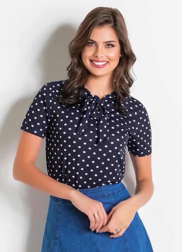 Blusa Poá Azul com Gola Laço