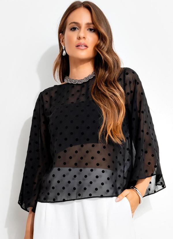 Blusa Poá Flock Preto em Chiffon