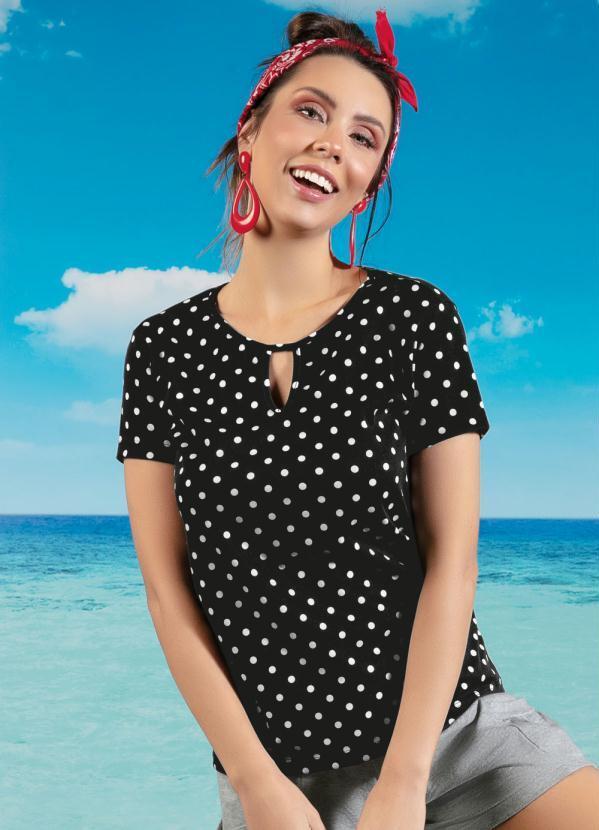 Vista 2 Blusa Poá Preta Manga Curta com Gota na Frente Moda Pop Moda Pop