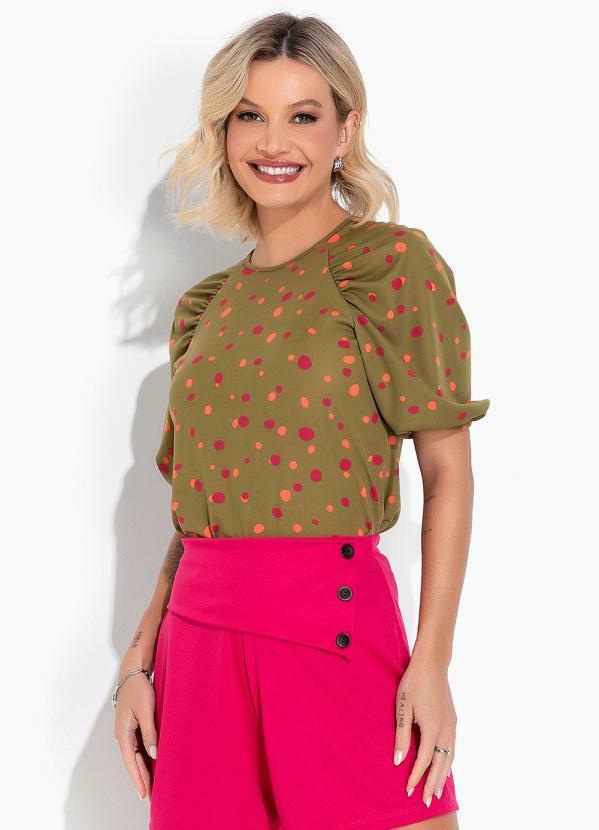 Blusa Poá Verde com Franzidos e Manga Bufante