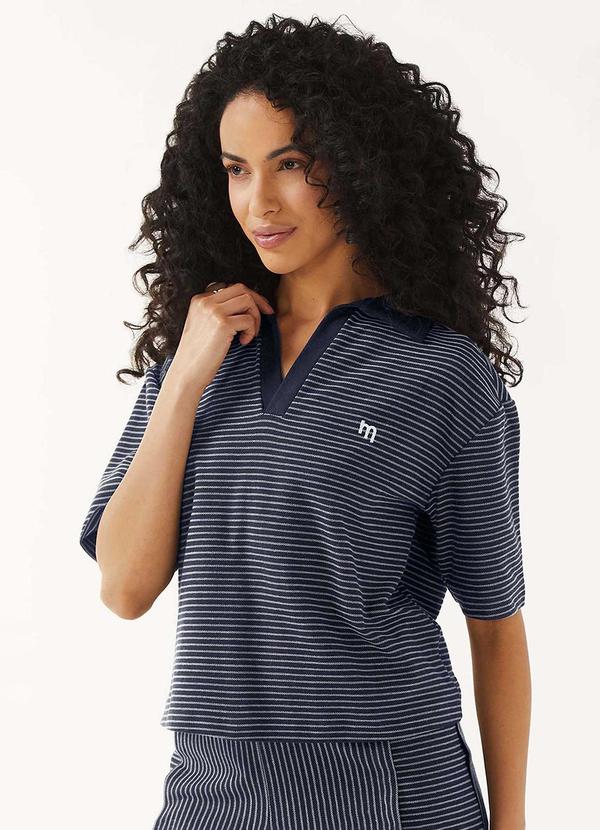 Blusa Polo Feminina Listrada Decote V Azul
