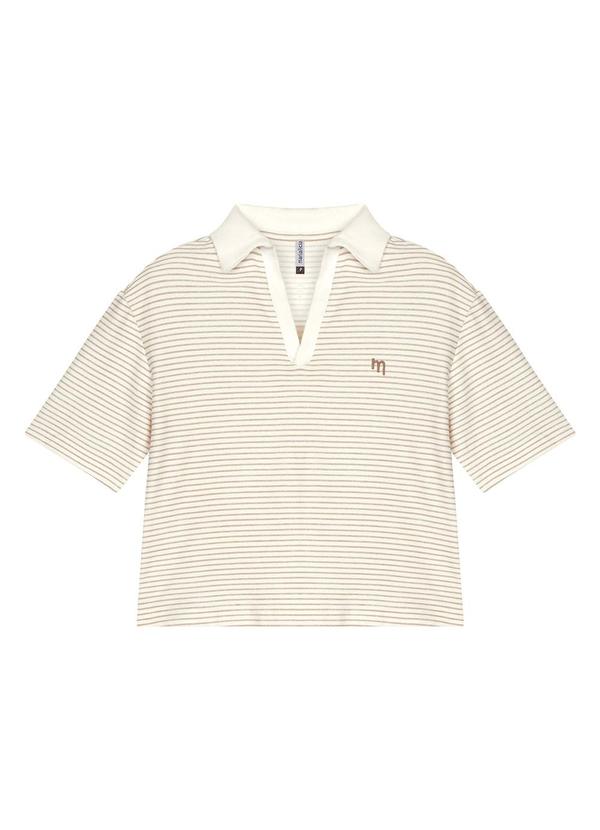 Blusa Polo Feminina Listrada Decote V Bege