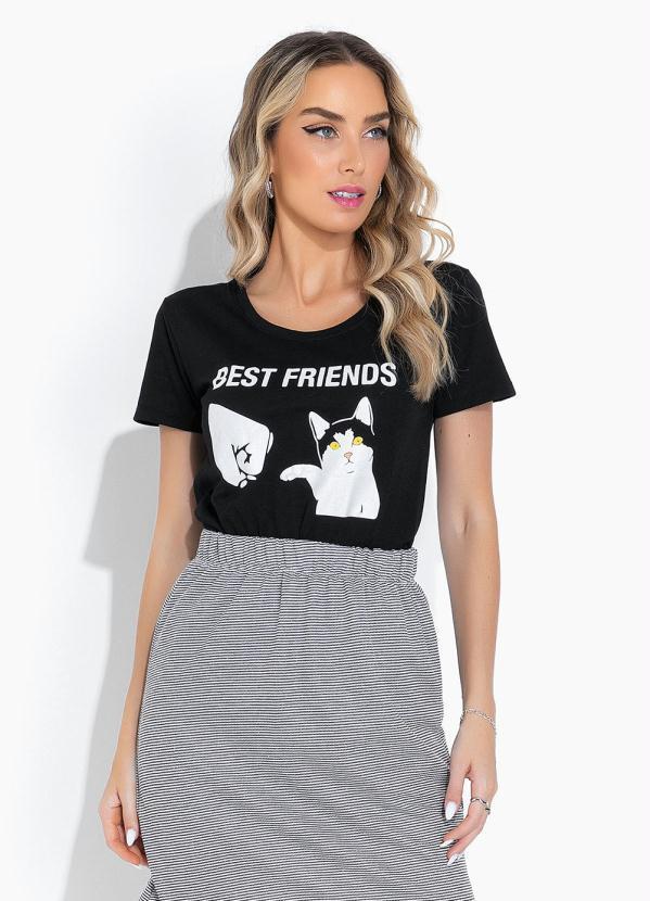 Blusa Preta de Mangas Curtas e Estampa Localizad
