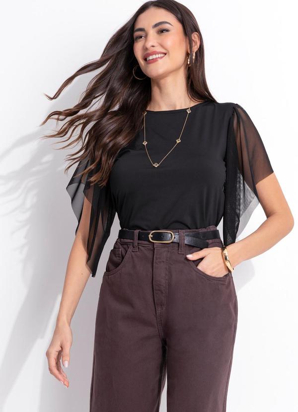 Blusa Preta em Malha Fria com Mangas em Tule