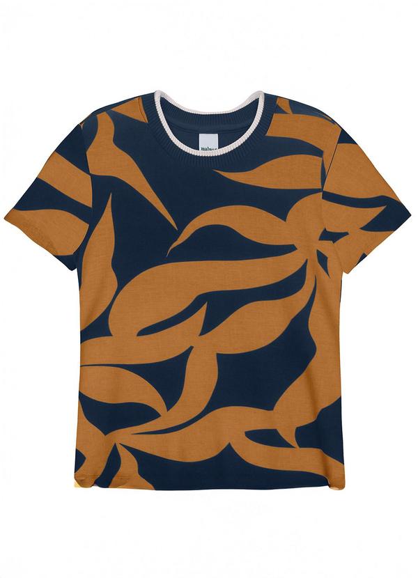 Blusa Regular Folhagens em Moletinho Azul Escuro