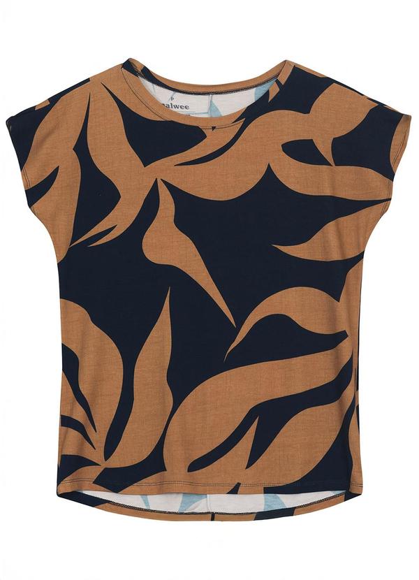 Blusa Regular Tropical em Viscose Azul Escuro