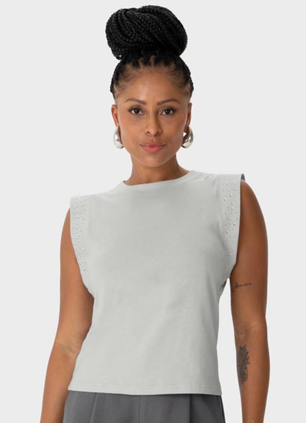 Vista 2 Blusa Reta com Strass Cinza Claro Enfim Enfim