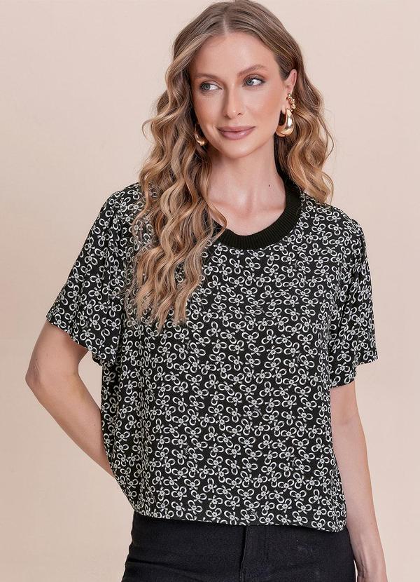 Blusa Retilinea Viscose Estampada Preto