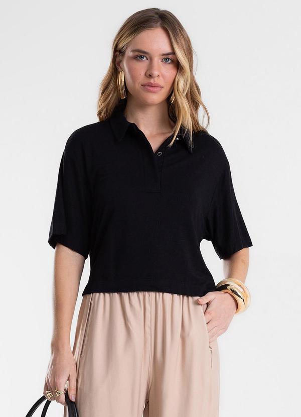 Camisa Polo Feminina em Visco Maquinetada Preto