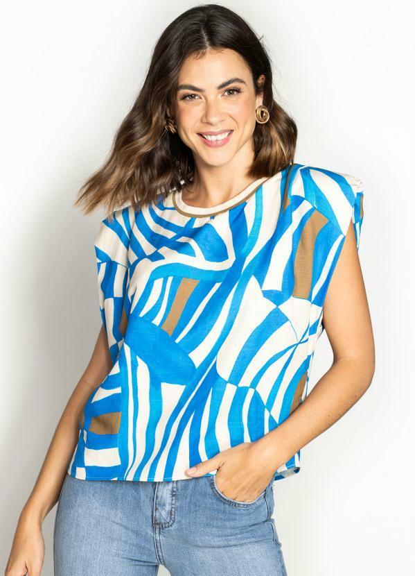 Camiseta de Linho Estampado Azul