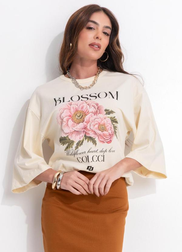 Camiseta em Algodão Estampada Bege