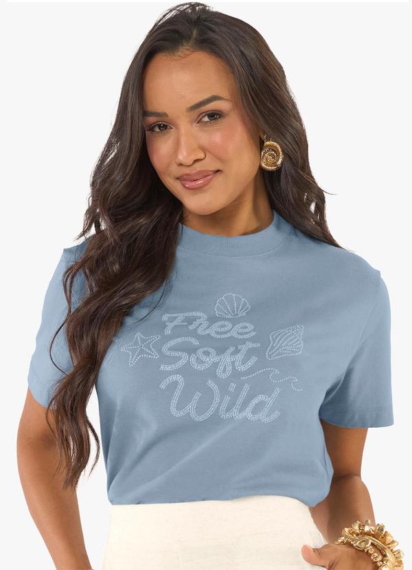 Camiseta Feminina Meia Malha com Estampa Azul