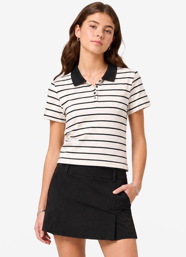 Polo Feminina Box Cotton Listrado Bege