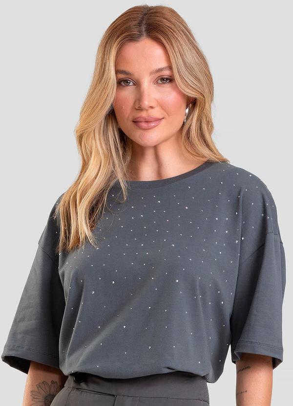 T- Shirt Box Feminina com Strass Cinza
