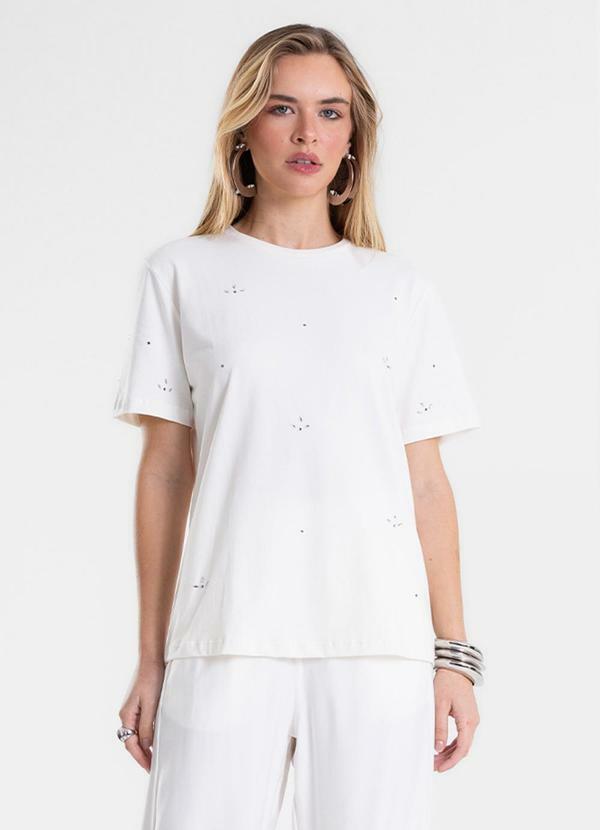T-Shirt Feminina Cotton com Aplicações Bege