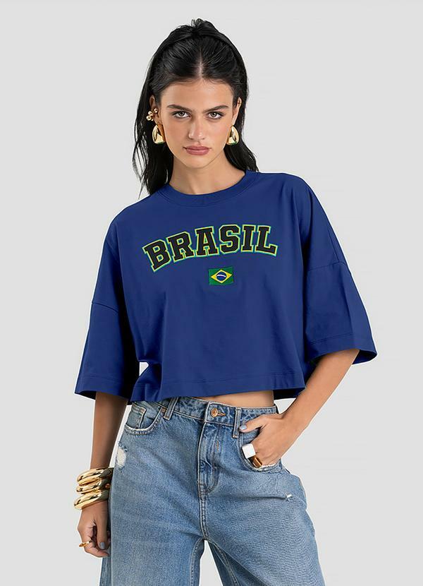 T-Shirt Feminina em Meia Malha Brasil Azul