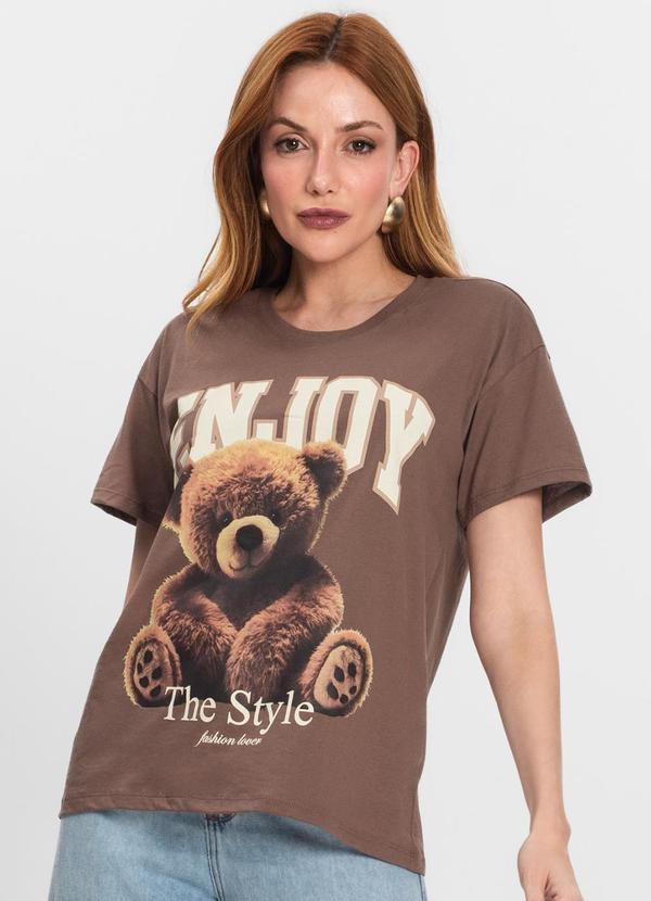 T-Shirt Feminina Manga Curta Estampada Marrom
