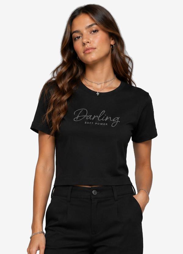 T-Shirt Feminina Meia Malha com Bordado Preto